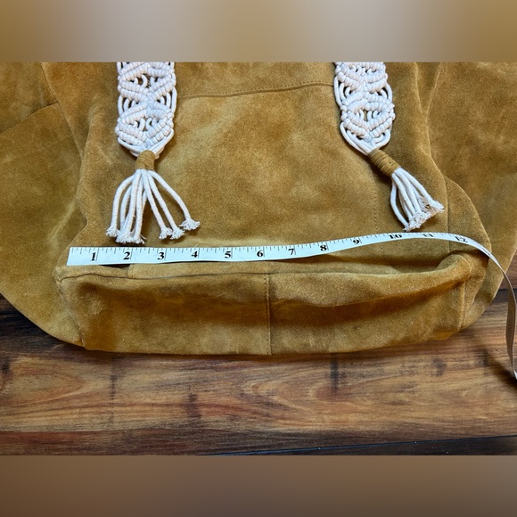 Free People Large Mustard Yellow Suede Tote Bag w/ Braided Woven Straps - Picture 6 of 10
